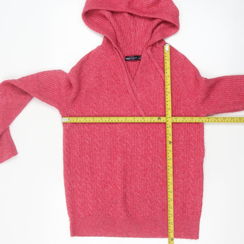 Marks and Spencer Women Pink XS Hooded Cable Knit V-Neck Jumper