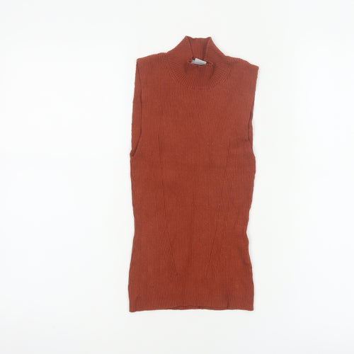 H&M Women Brown XS Ribbed High Neck Sleeveless Slim Knit Tank Top