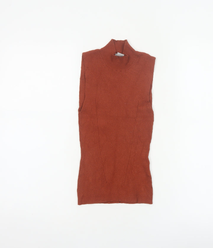 H&M Women Brown XS Ribbed High Neck Sleeveless Slim Knit Tank Top