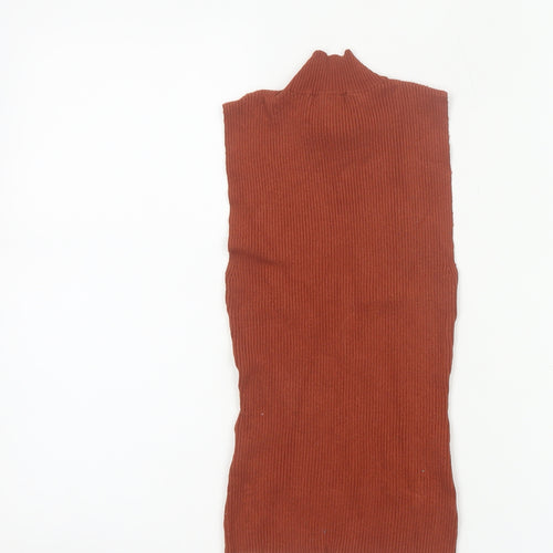 H&M Women Brown XS Ribbed High Neck Sleeveless Slim Knit Tank Top