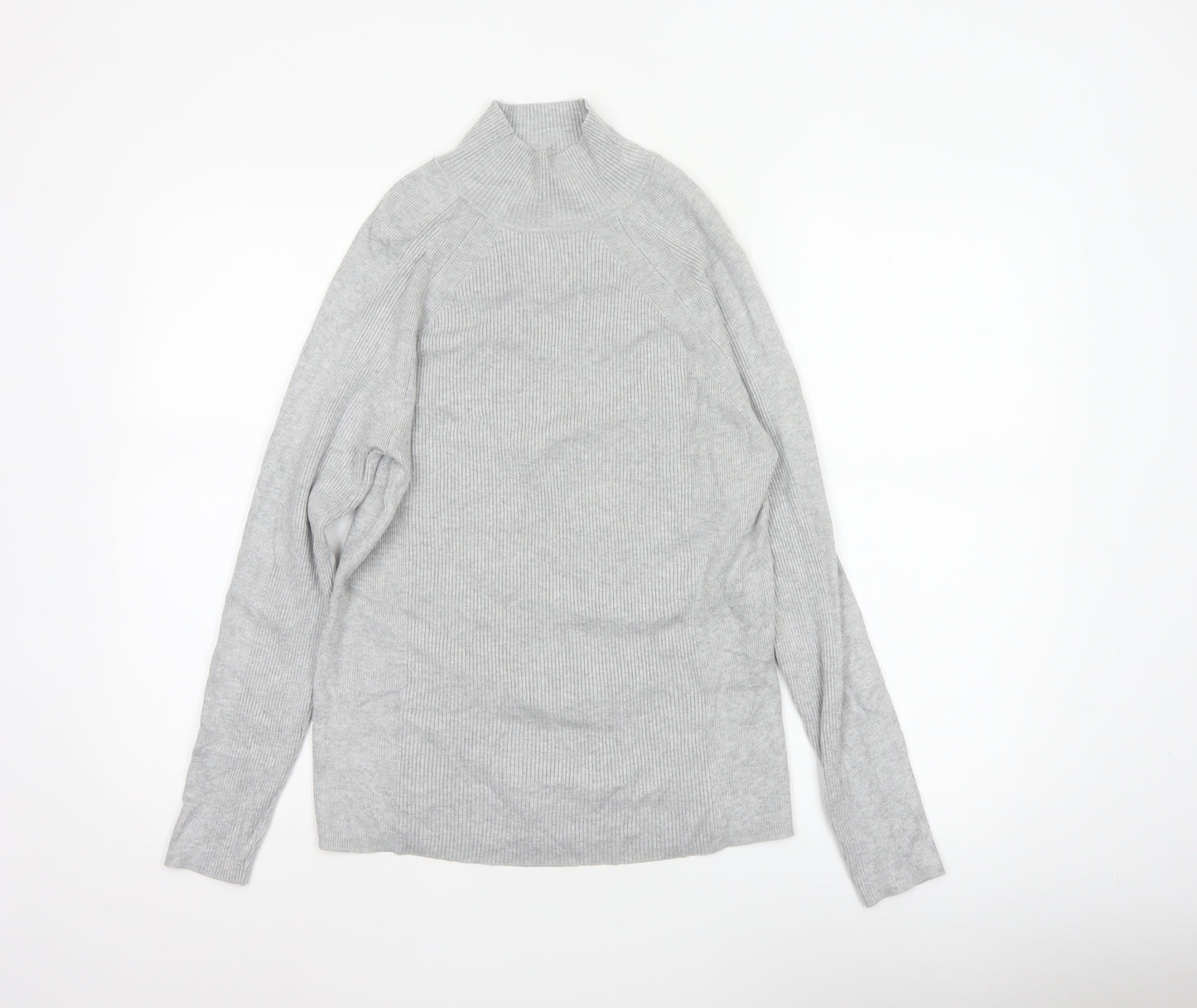 M&S Women Grey Size 12 Ribbed Mock Neck Raglan Knit Jumper