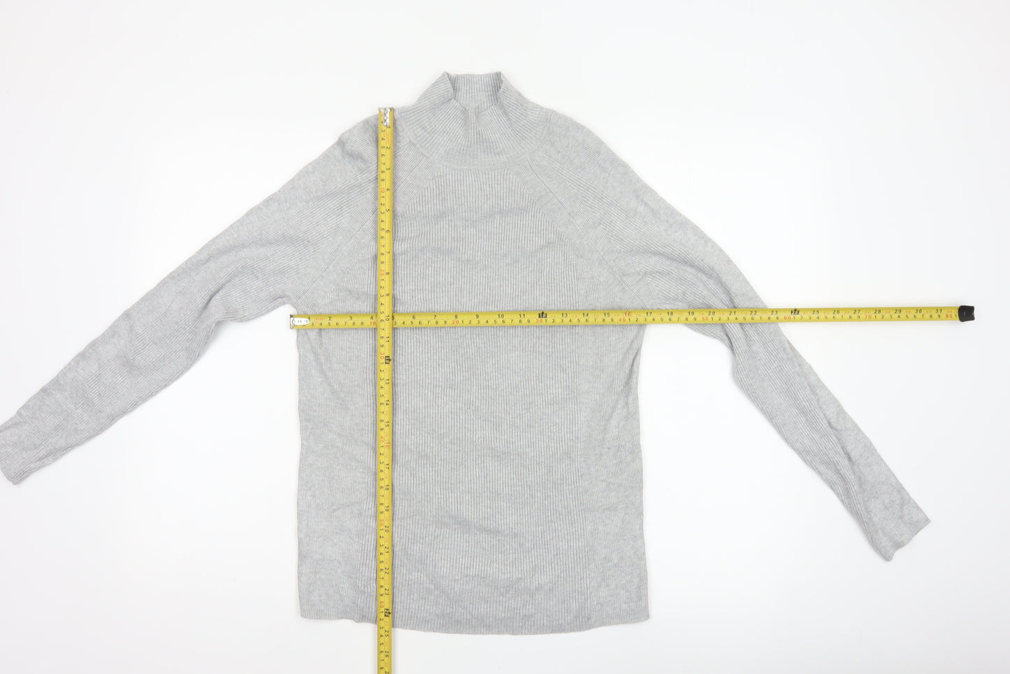M&S Women Grey Size 12 Ribbed Mock Neck Raglan Knit Jumper