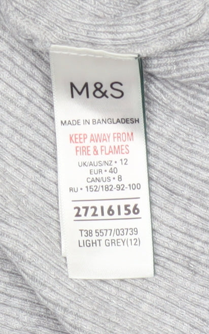 M&S Women Grey Size 12 Ribbed Mock Neck Raglan Knit Jumper