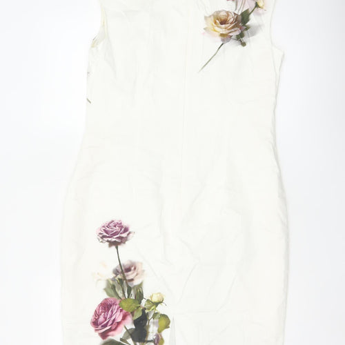 Phase Eight Women Ivory Floral Midi Shift Dress Size 14 Lined