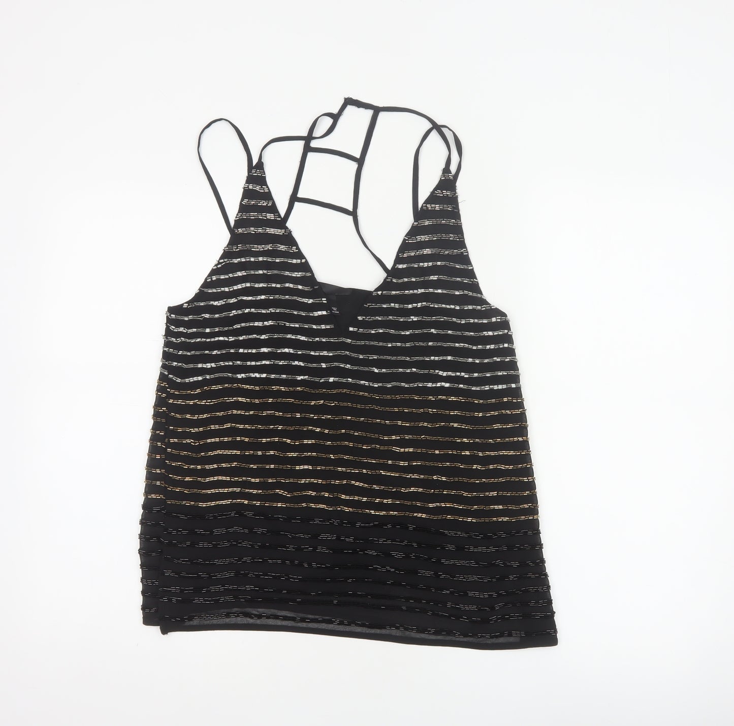 Topshop Women Black UK 8 Beaded Striped Strappy Camisole Party Top