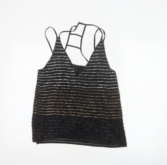 Topshop Women Black UK 8 Beaded Striped Strappy Camisole Party Top