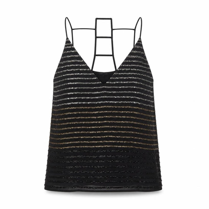Topshop Women Black UK 8 Beaded Striped Strappy Camisole Party Top