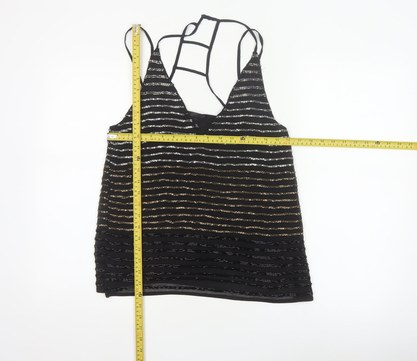 Topshop Women Black UK 8 Beaded Striped Strappy Camisole Party Top