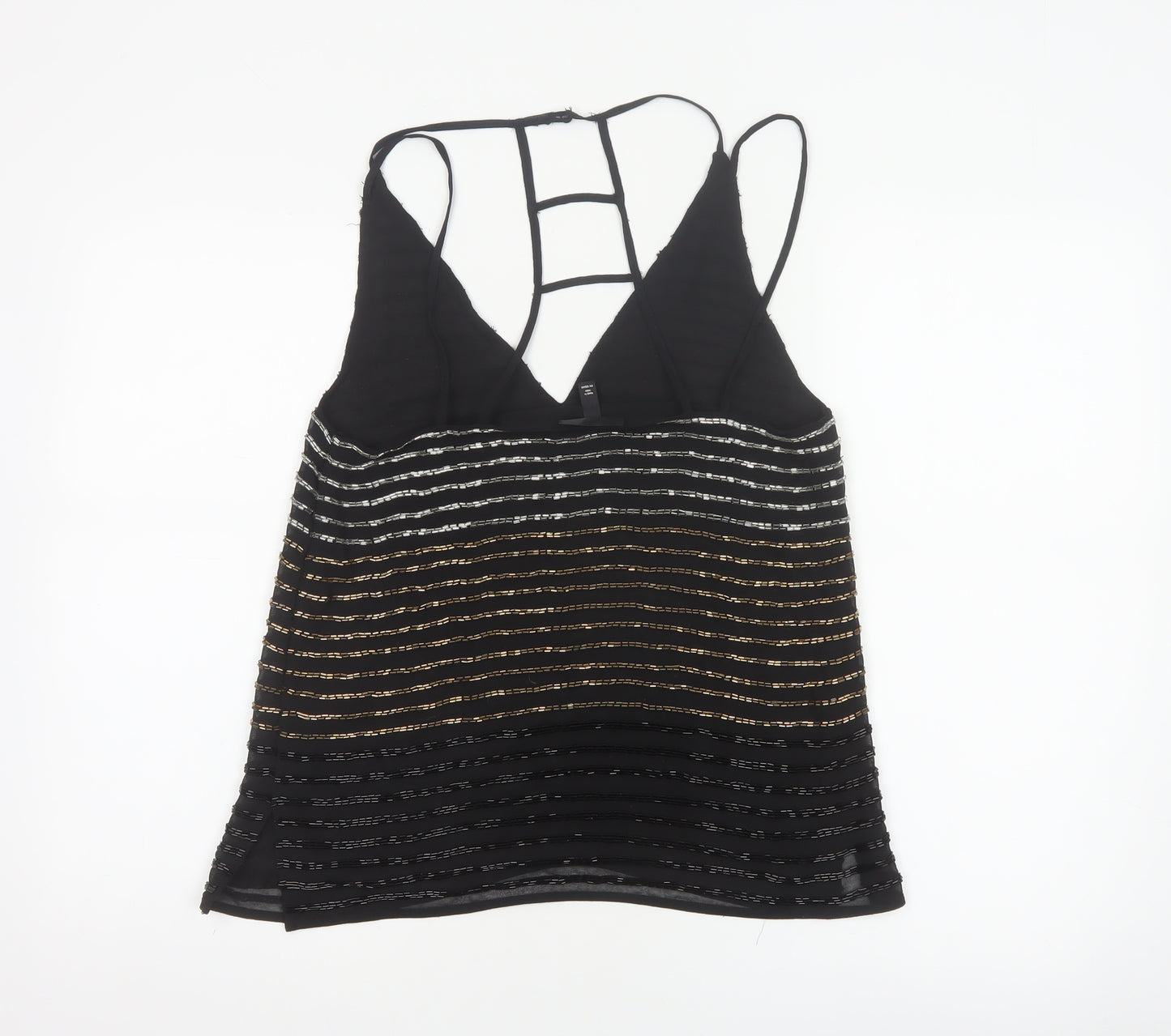Topshop Women Black UK 8 Beaded Striped Strappy Camisole Party Top