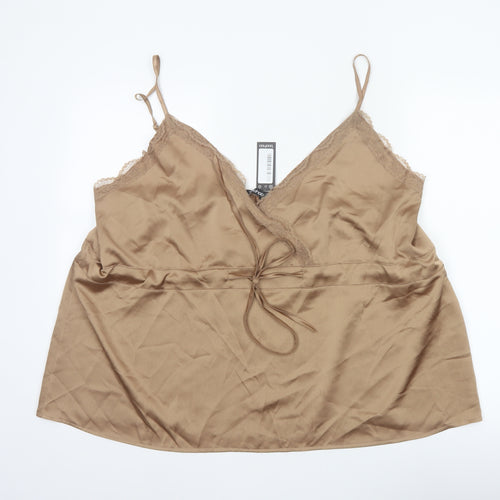 Boohoo Women Beige UK 22 Satin Lace Trim Tie Camisole Tank Top