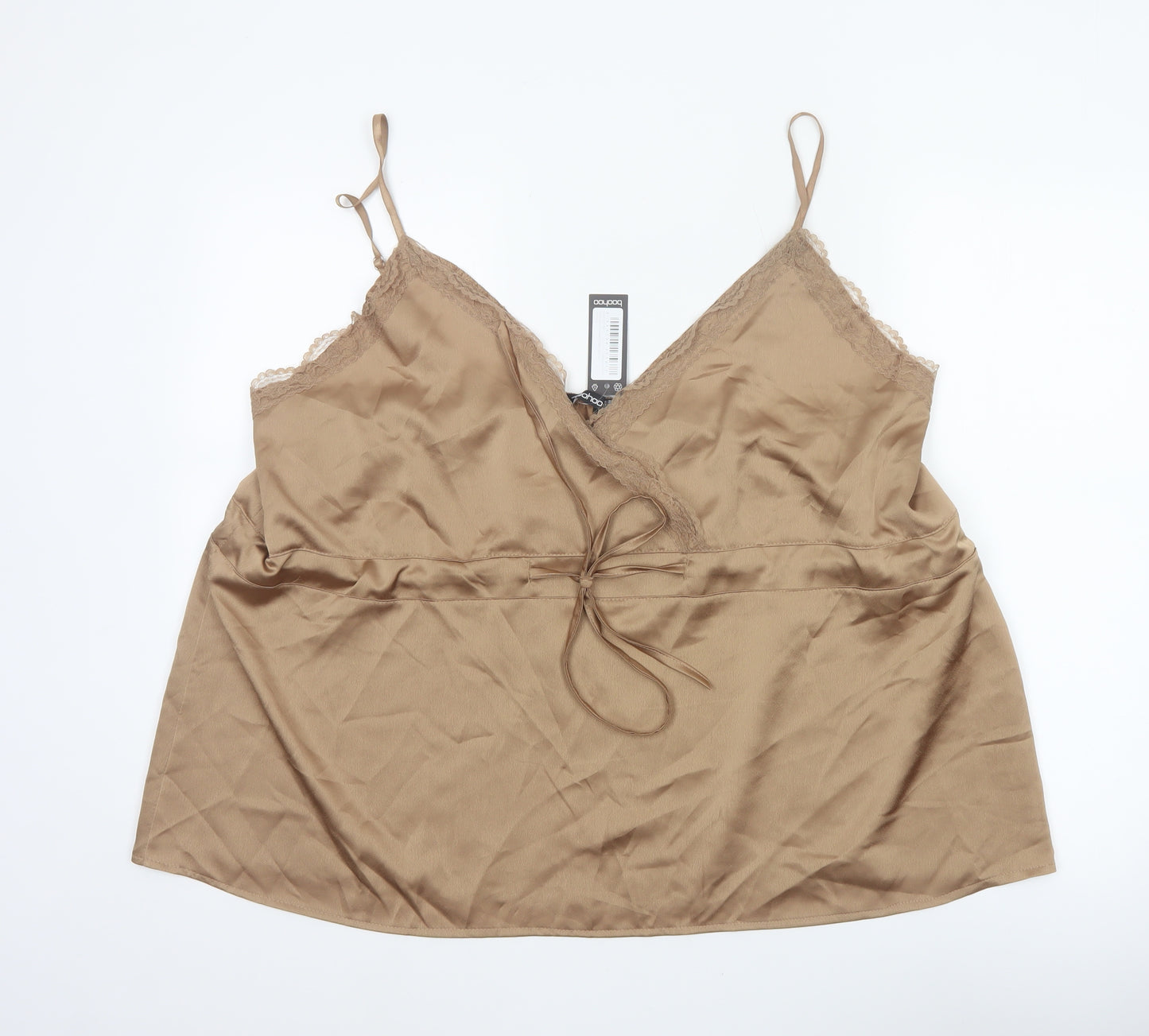 Boohoo Women Beige UK 22 Satin Lace Trim Tie Camisole Tank Top