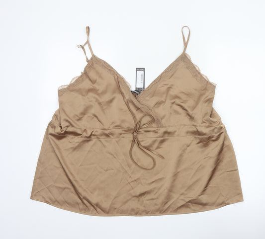 Boohoo Women Beige UK 22 Satin Lace Trim Tie Camisole Tank Top