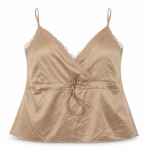 Boohoo Women Beige UK 22 Satin Lace Trim Tie Camisole Tank Top