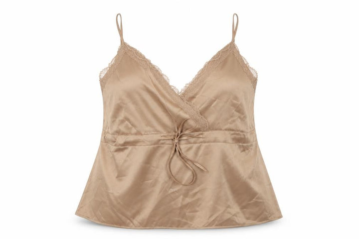 Boohoo Women Beige UK 22 Satin Lace Trim Tie Camisole Tank Top