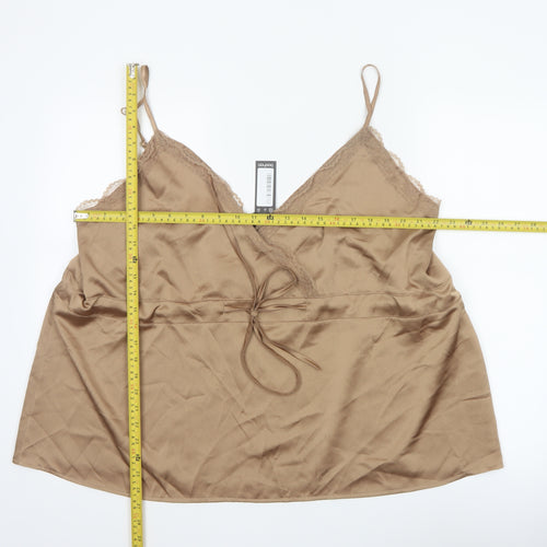 Boohoo Women Beige UK 22 Satin Lace Trim Tie Camisole Tank Top