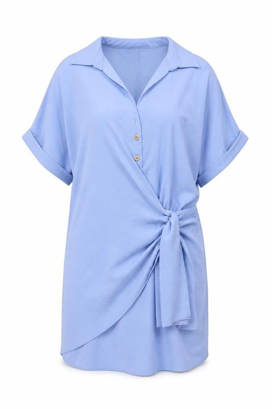 Front view of Zara Women Blue M Short Belted Collared Shirt Dress Cap Sleeve