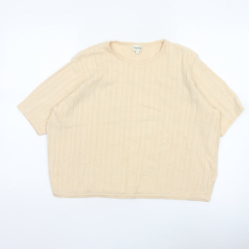Viyella Women Ivory Cotton Knit Short Sleeve Round Neck Top L