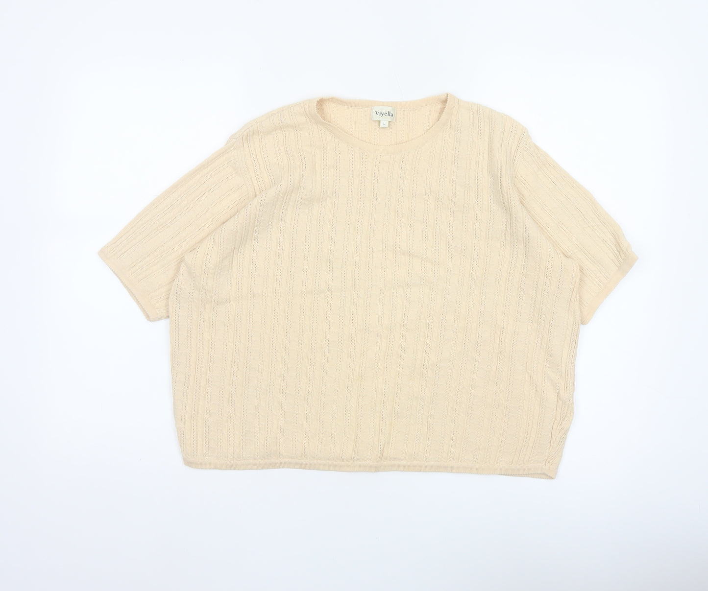 Viyella Women Ivory Cotton Knit Short Sleeve Round Neck Top L