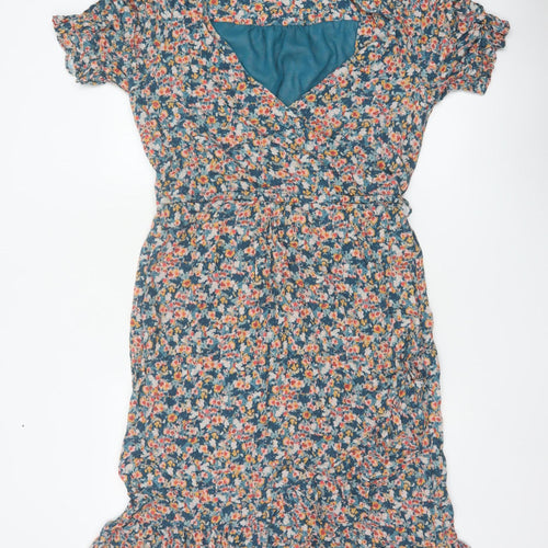 Mauvette Women’s Blue Floral Wrap Midi Dress UK 16 Puff Sleeve
