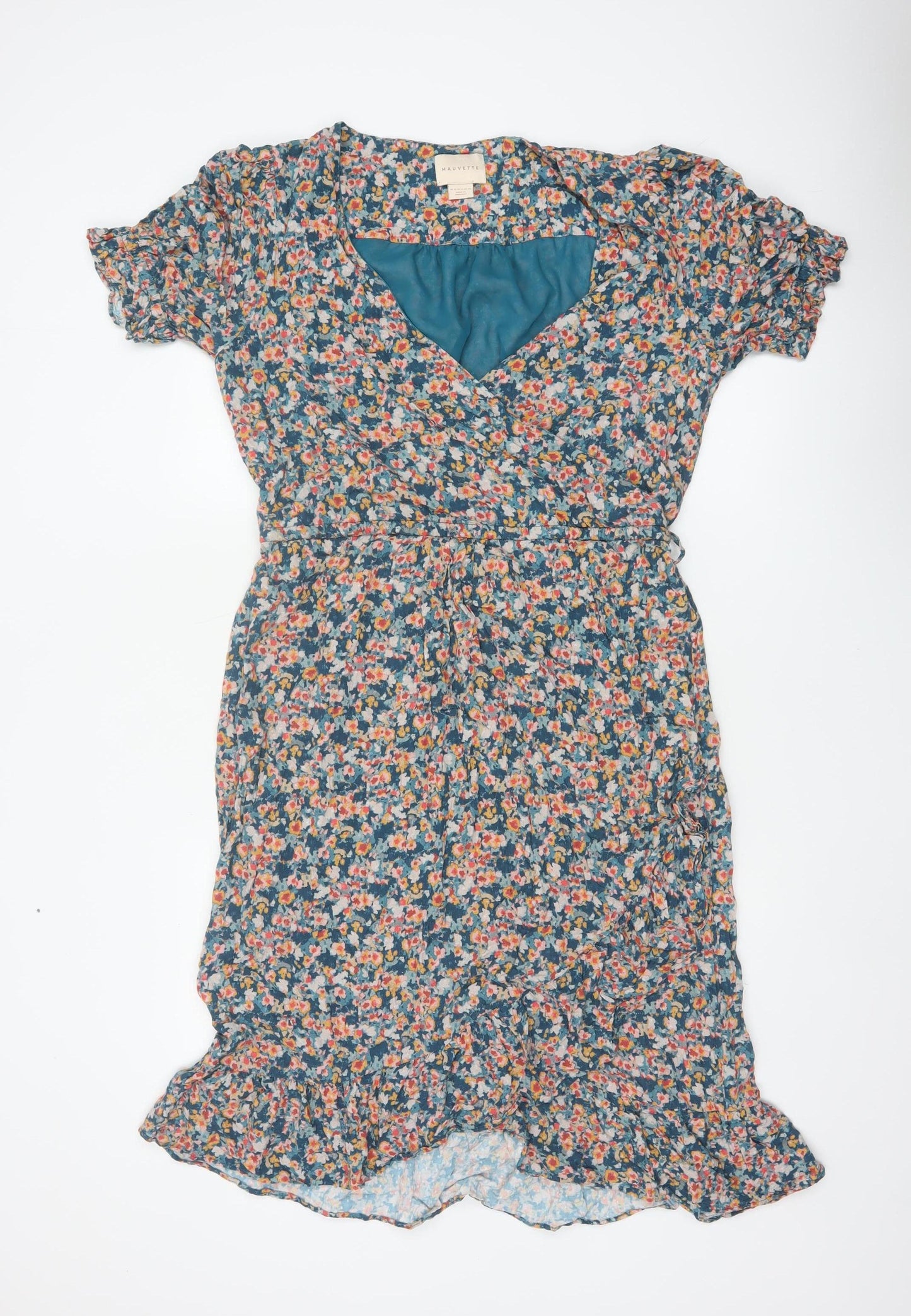 Mauvette Women’s Blue Floral Wrap Midi Dress UK 16 Puff Sleeve