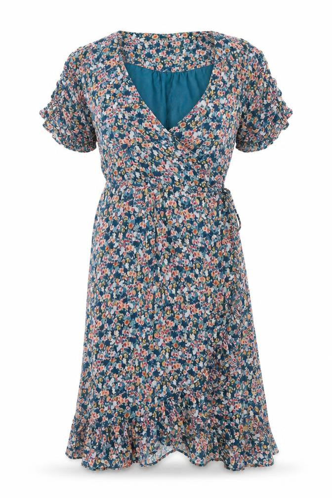 Mauvette Women’s Blue Floral Wrap Midi Dress UK 16 Puff Sleeve