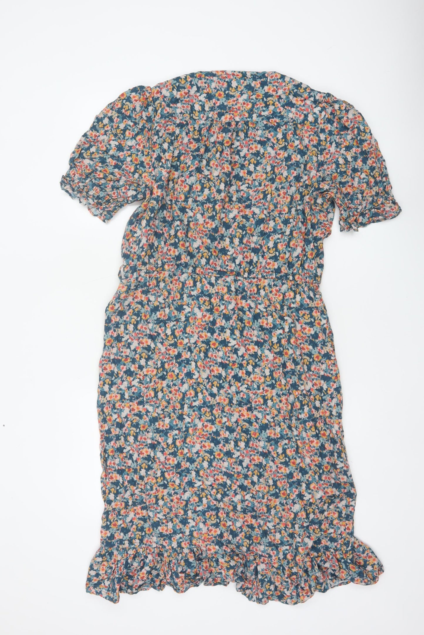 Mauvette Women’s Blue Floral Wrap Midi Dress UK 16 Puff Sleeve