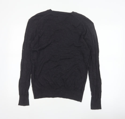 AllSaints Men Black Medium V-Neck Cotton Knit Pullover Jumper Logo