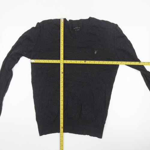 AllSaints Men Black Medium V-Neck Cotton Knit Pullover Jumper Logo