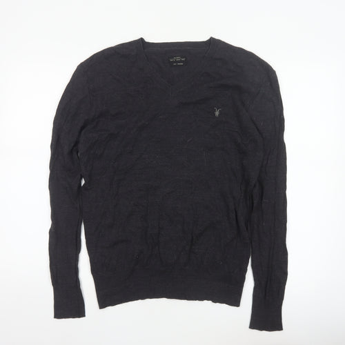 AllSaints Men Black Medium V-Neck Cotton Knit Pullover Jumper Logo