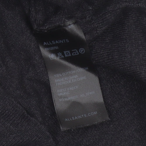 AllSaints Men Black Medium V-Neck Cotton Knit Pullover Jumper Logo