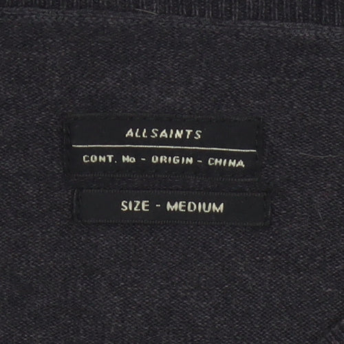 AllSaints Men Black Medium V-Neck Cotton Knit Pullover Jumper Logo