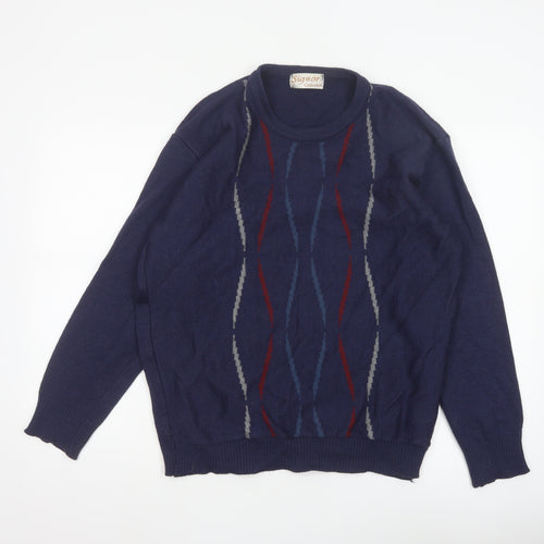 Signor Collection Men's Navy Geometric Knit Jumper M Wool Acrylic Retro