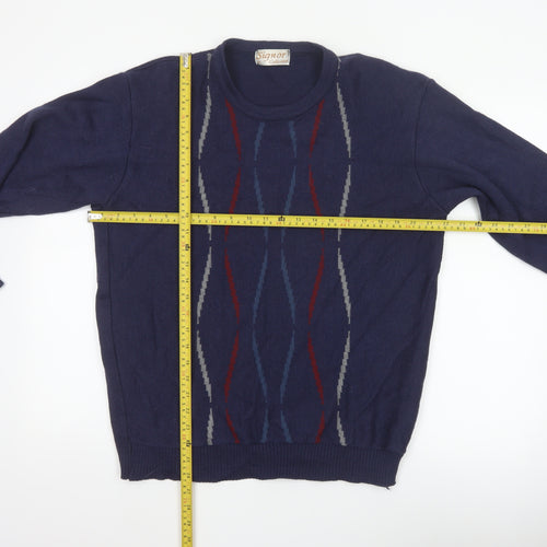 Signor Collection Men's Navy Geometric Knit Jumper M Wool Acrylic Retro