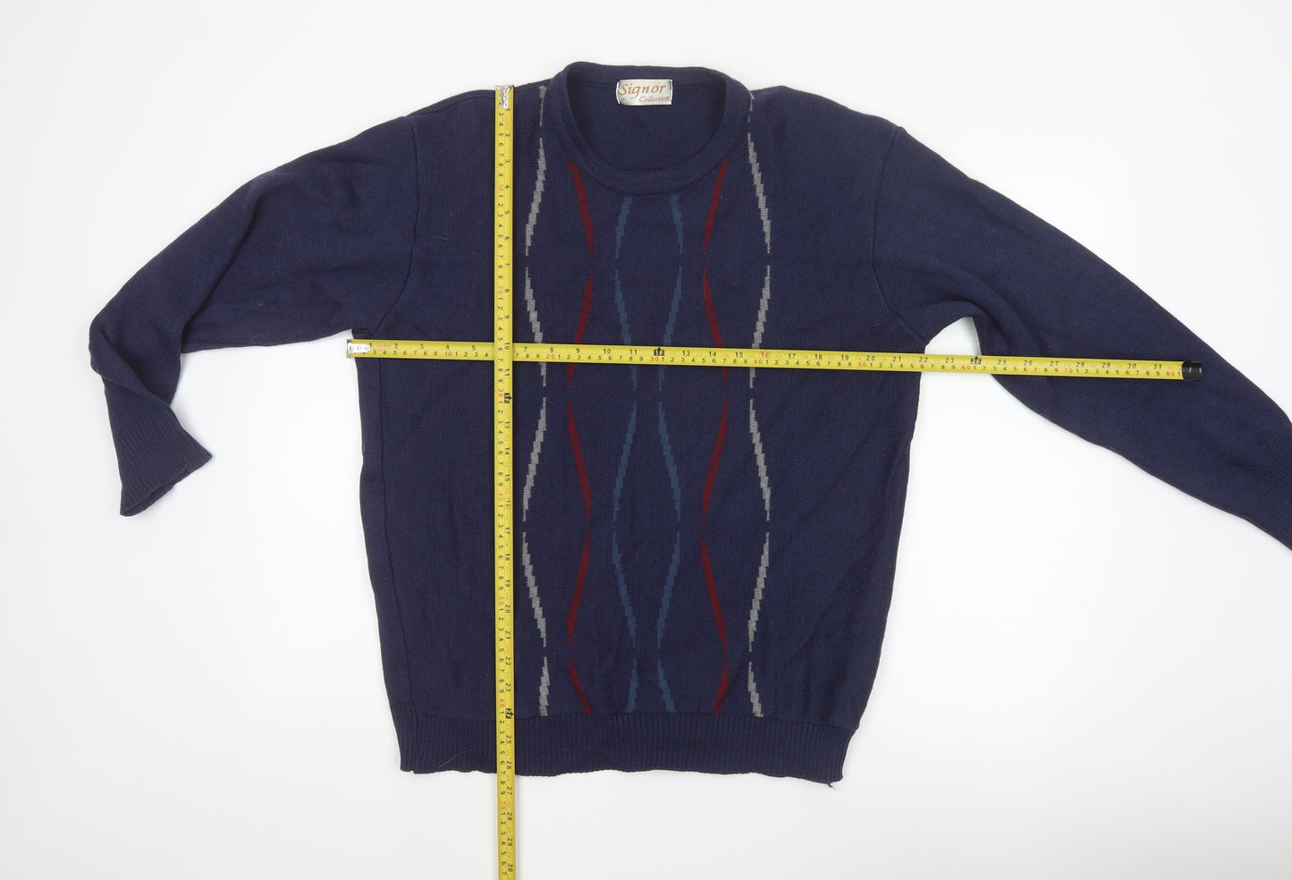 Signor Collection Men's Navy Geometric Knit Jumper M Wool Acrylic Retro