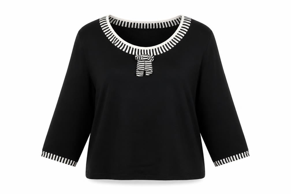 Eastex Women Black UK 18 Striped Trim Bow 3/4 Sleeve Knit Jumper