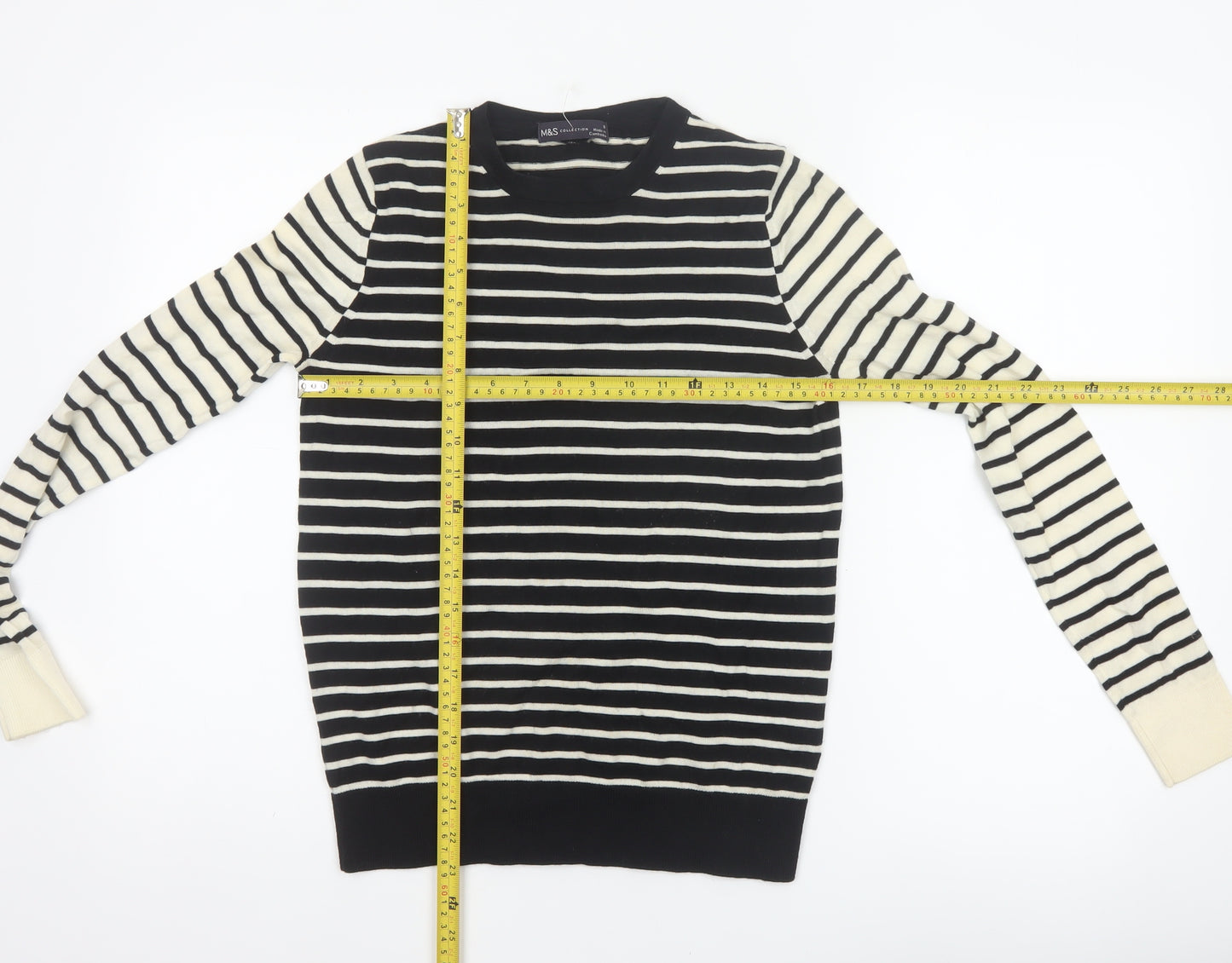 Marks and Spencer Women’s Black Ivory Stripe Merino Wool Jumper UK 8