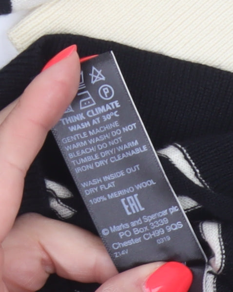 Marks and Spencer Women’s Black Ivory Stripe Merino Wool Jumper UK 8