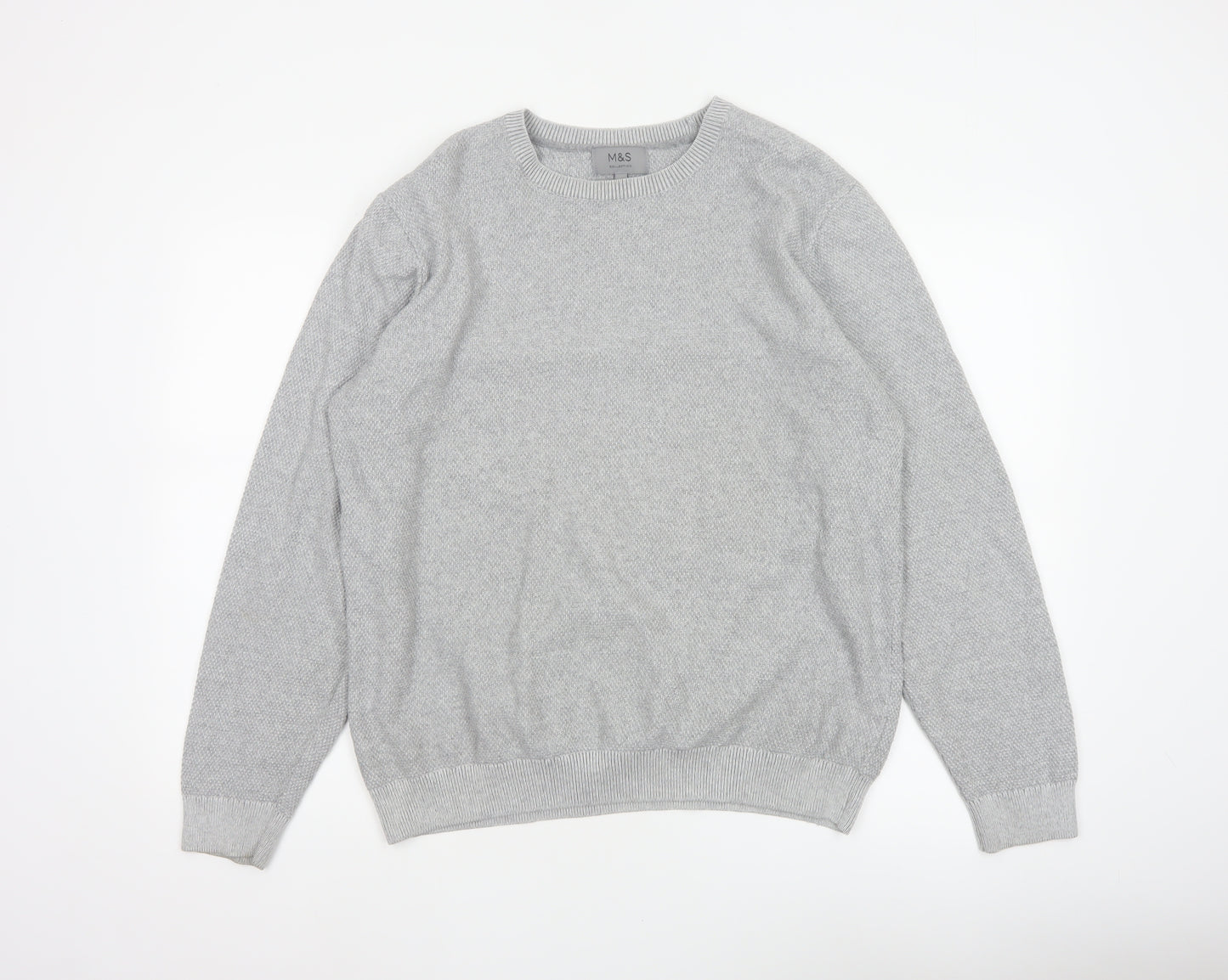 Marks and Spencer Men Grey L Cotton Crew Neck Knit Pullover Jumper