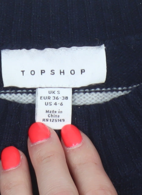 Topshop Women Navy Stripe Mock Neck Knit Jumper Size S