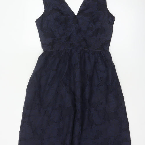 Warehouse Women Blue Floral Jacquard Fit & Flare Midi Dress UK 10