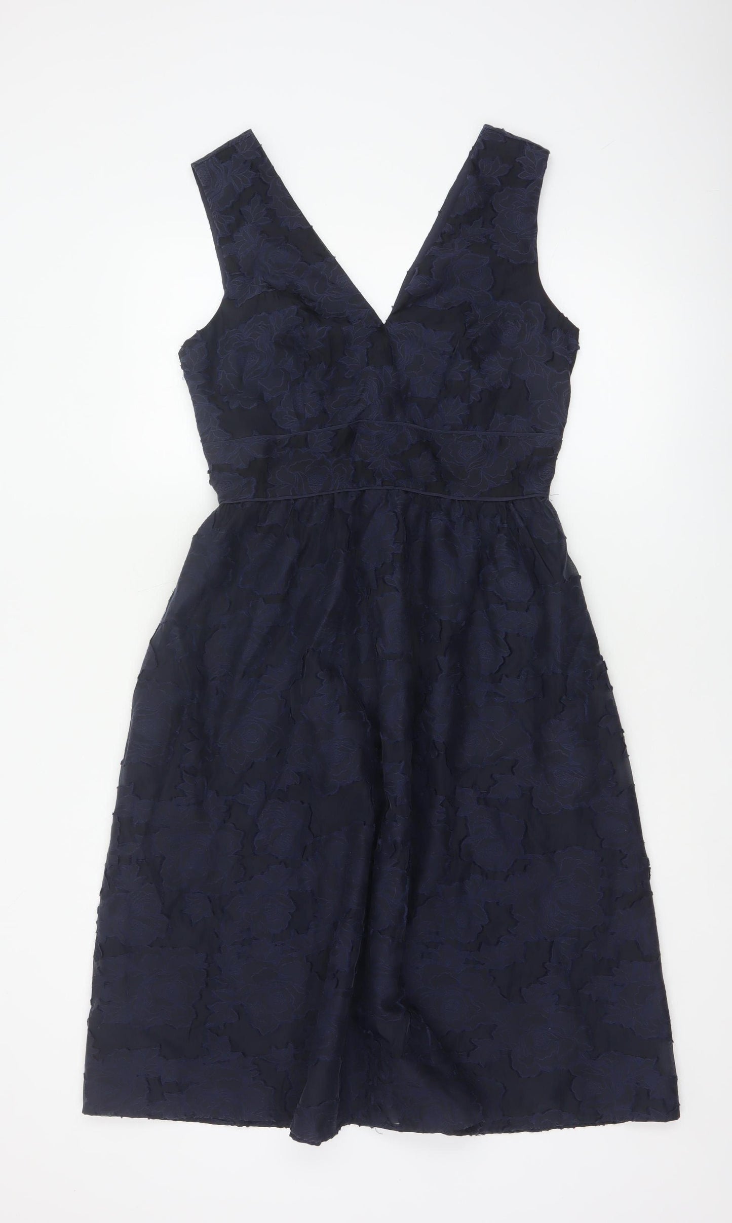 Warehouse Women Blue Floral Jacquard Fit & Flare Midi Dress UK 10