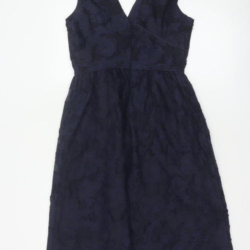 Warehouse Women Blue Floral Jacquard Fit & Flare Midi Dress UK 10