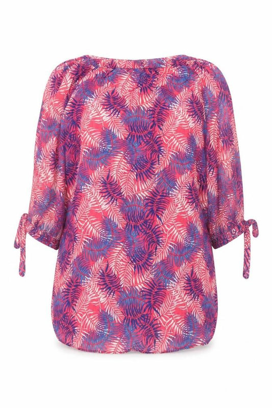 Front view of Laura Ashley Women Pink Tropical Leaf Off Shoulder Tunic Blouse S