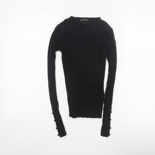 Topshop Women Black UK 8 Rib Knit Slim Pullover Jumper Button Cuffs