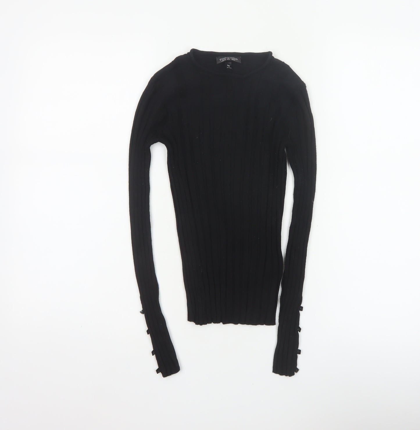 Topshop Women Black UK 8 Rib Knit Slim Pullover Jumper Button Cuffs