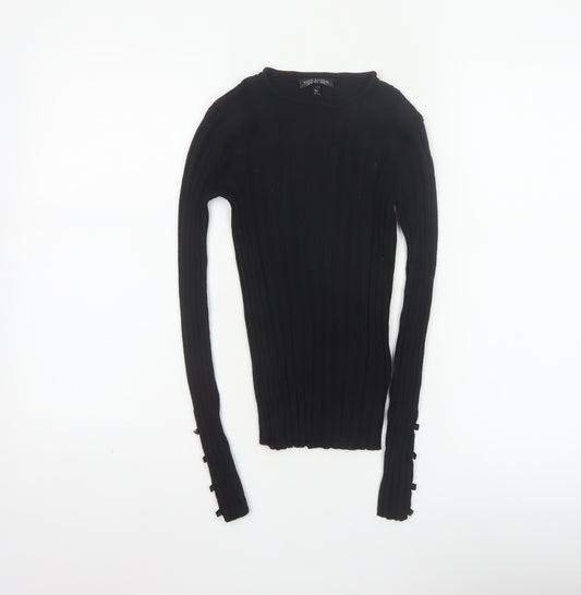Topshop Women Black UK 8 Rib Knit Slim Pullover Jumper Button Cuffs