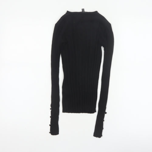 Topshop Women Black UK 8 Rib Knit Slim Pullover Jumper Button Cuffs