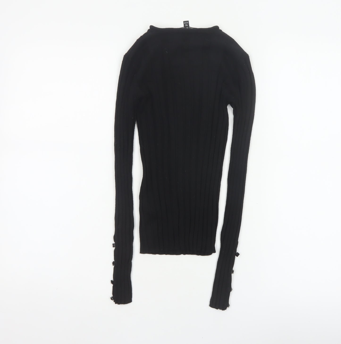 Topshop Women Black UK 8 Rib Knit Slim Pullover Jumper Button Cuffs