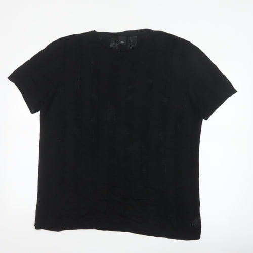 River Island Men Black 2XL Open Knit Stripe Crew Neck T-Shirt