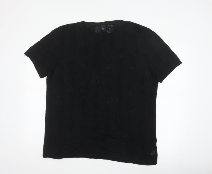River Island Men Black 2XL Open Knit Stripe Crew Neck T-Shirt